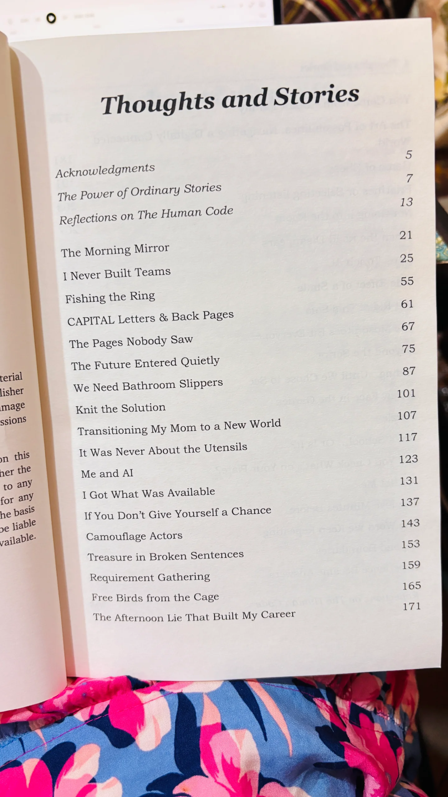 The contents page of The Human Code, titled Thoughts and Stories